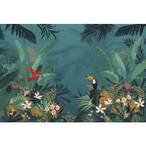 papier peint panoramique jungle enchantée bleu canard et vert  - Sanders & Sanders (1/2)