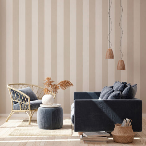 Papier peint rayé beige crème 53cm x 10,05m – Vinyle résistant sur support non tissé – Raccord libre pour installation facile – A.S. Creations