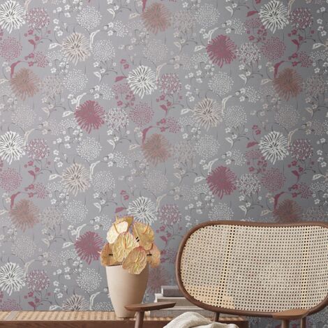 papier peint fleurs gris, blanc, rouge et lilas violet - Livingwalls (1/5)