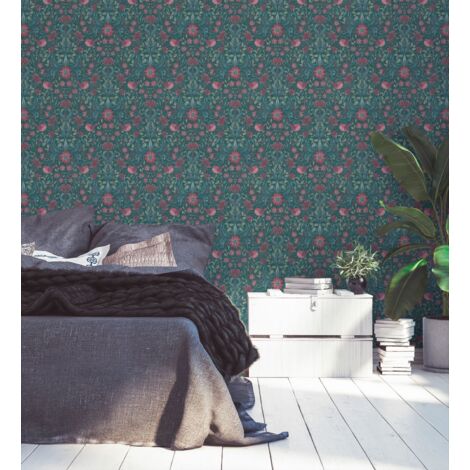 papier peint fleurs vert foncé, rose, vert et bleu - Livingwalls (1/5)