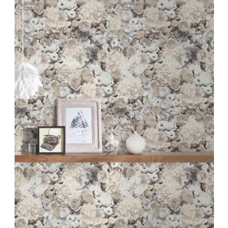 papier peint fleurs gris, beige, jaune et couleur pailletée  - A.S. Création