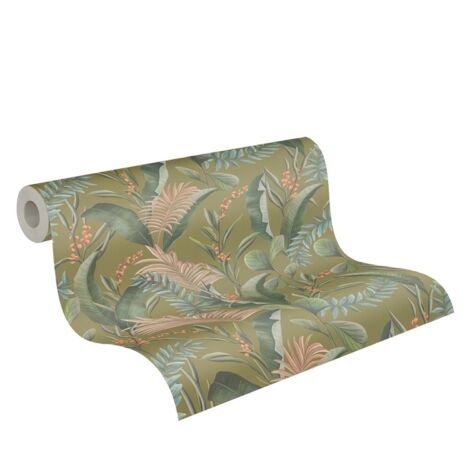 papier peint feuilles tropicales vert, beige et orange  - Livingwalls