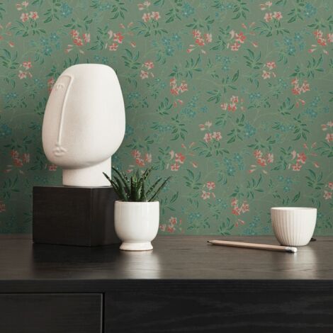 papier peint fleurs vert, rouge, rose et bleu - Livingwalls (1/5)