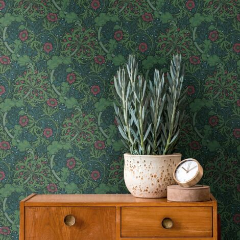 Papier peint intissé vert et rouge à fleurs Tapisserie florale style baroque Papier peint feuillage botanique idéal pour chambre (1/5)