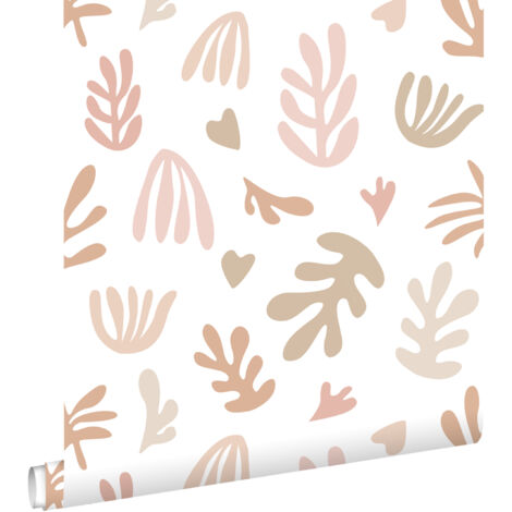 papier peint plantes dans le style Matisse beige, rose et blanc  - ESTAhome