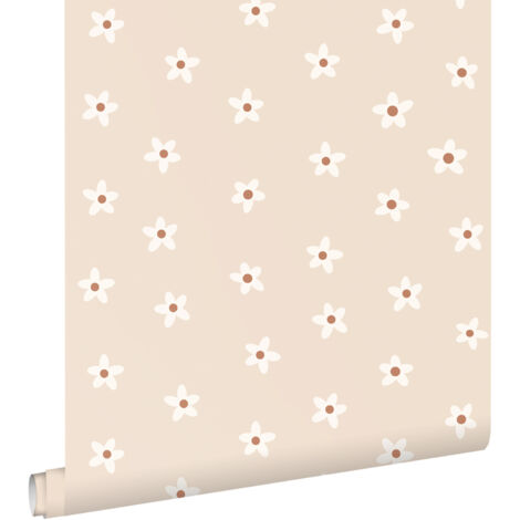 Papier peint marguerites beige 53cm x 10.05m – Intissé facile à poser – Raccord droit – Pour chambre d'enfant – Estahome