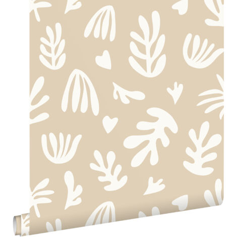 papier peint plantes dans le style Matisse beige et blanc  - ESTAhome