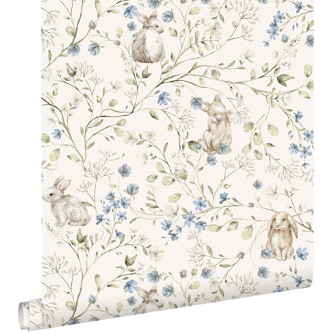 Papier peint intissé lapins beige vert bleu blanc – Dimensions 53cm x 10,05m – Écologique et facile à poser – Raccord sauté 26,5cm – Estahome (1/5)