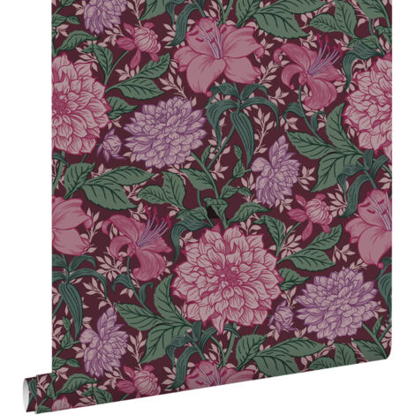 papier peint fleurs vintage rose bonbon, violet et vert  - ESTAhome (1/5)