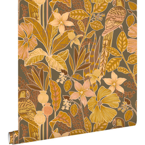 papier peint fleurs tropicales et des oiseaux de paradis marron terracotta - ESTAhome (1/5)