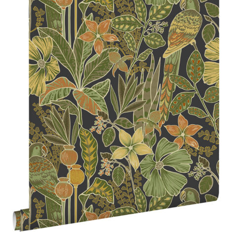 papier peint fleurs tropicales et des oiseaux de paradis vert olive grisé  - ESTAhome
