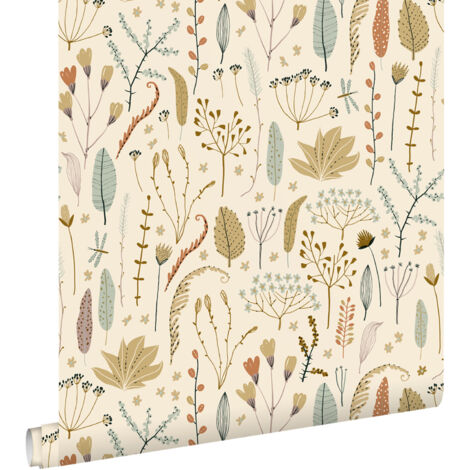 papier peint fleurs des champs vert olive grisé  - ESTAhome