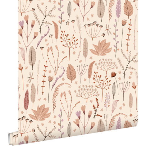 papier peint fleurs des champs beige chaud, terracotta et violet  - ESTAhome