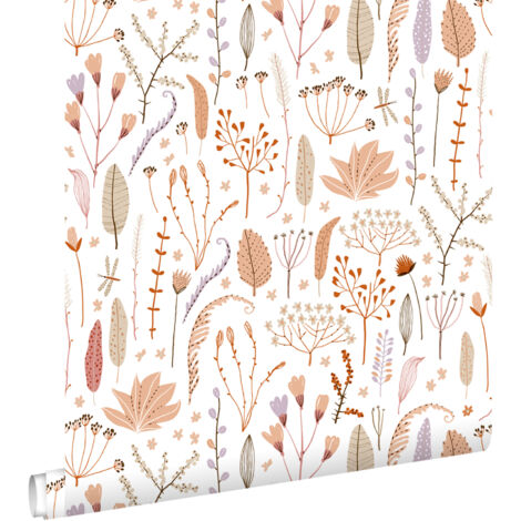 papier peint fleurs des champs terracotta, violet, beige et blanc  - ESTAhome