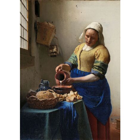 Papier peint panoramique La Laitière de Johannes Vermeer bleu et jaune – 4 panneaux intissés 200 x 279 cm – Impression écologique (1/3)
