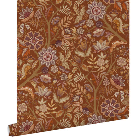papier peint fleurs vintage marron terracotta et violet foncé  - ESTAhome