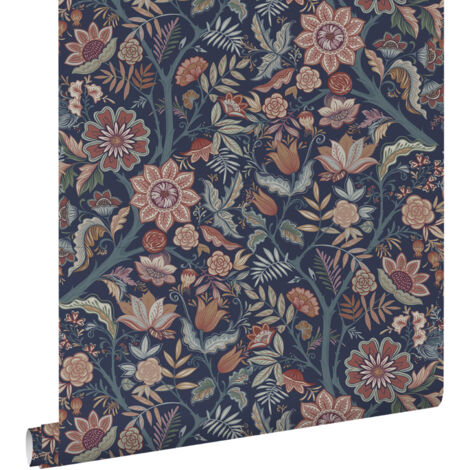 papier peint fleurs vintage bleu foncé et marron terracotta - ESTAhome (1/5)