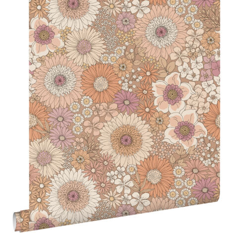 papier peint fleurs rétro terracotta, violet et blanc  - ESTAhome (1/5)