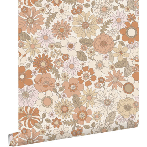 Papier peint à motif fleurs rétro terracotta et beige clair – Dimensions 53cm x 10,05m – Écologique et intissé – Facile à poser – Estahome