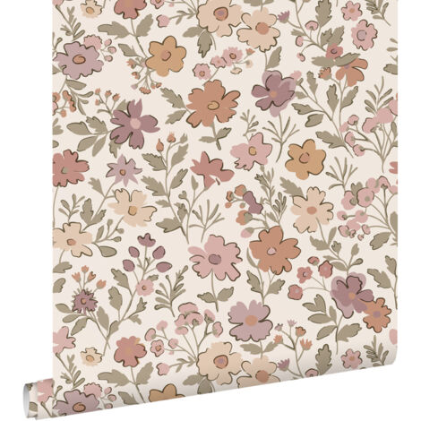 Papier peint à motif fleurs mauve violet vert grisé terracotta – Dimensions 53 cm x 10.05 m – Raccord droit – Pose facile sans table à tapisser – Estahome (1/5)