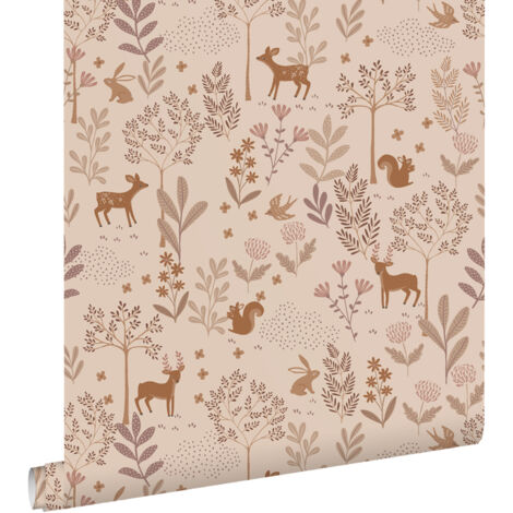 papier peint forêt avec des animaux de la forêt rose lilas - ESTAhome