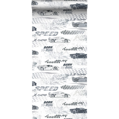 Papier peint intissé voitures de course noir et blanc – Dimensions 50 x 900 cm – Raccord sauté – Impression écologique – Facile à poser