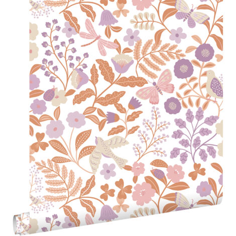 papier peint fleurs et oiseaux lilas violet et terracotta - ESTAhome
