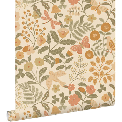 papier peint fleurs et oiseaux orange et vert grisé - ESTAhome