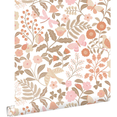papier peint fleurs et oiseaux terracotta, taupe et rose  - ESTAhome (1/5)