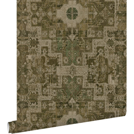 papier peint tapis patchwork kilim oriental vert olive grisé - ESTAhome (1/5)