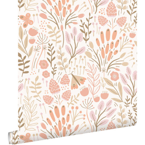 papier peint feuilles et fleurs blanc et orange  - ESTAhome