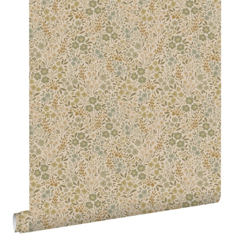 papier peint fleurs vert olive grisé  - ESTAhome