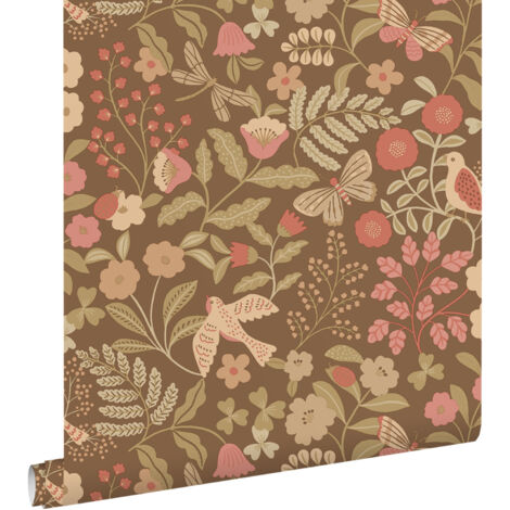 papier peint fleurs et oiseaux vert grisé et rose - ESTAhome (1/5)