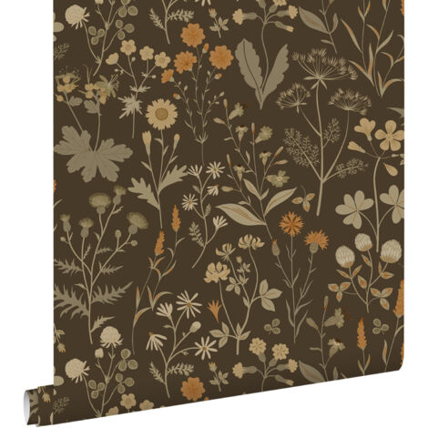 papier peint fleurs des champs vert grisé et marron  - ESTAhome