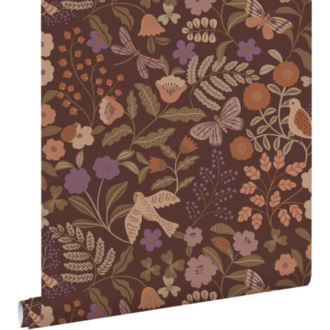 papier peint fleurs et oiseaux marron, vert, terracotta et violet - ESTAhome (1/5)