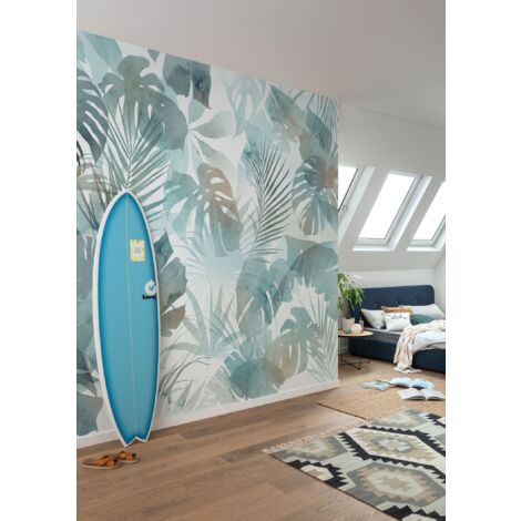 papier peint panoramique feuilles tropicales bleu gris - Komar