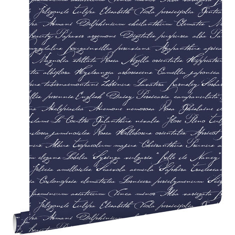 papier peint noms de fleurs manuscrits en latin bleu foncé - ESTAhome (1/5)