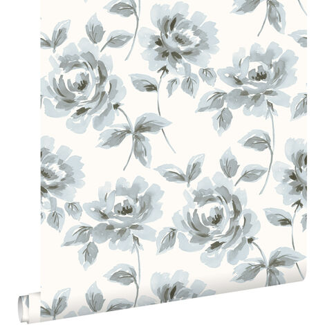 papier peint roses peintes à l'aquarelle bleu clair et gris - ESTAhome (1/5)