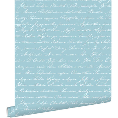 papier peint noms de fleurs manuscrits en latin bleu azur lumière - ESTAhome (1/5)