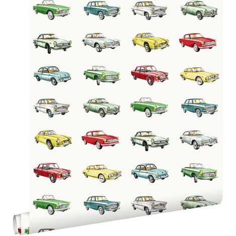papier peint voitures anciennes vintage rouge, jaune et vert  - ESTAhome (1/5)