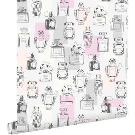 papier peint bouteilles de parfum lilas violet, rose pêche clair, gris et blanc - ESTAhome (1/5)