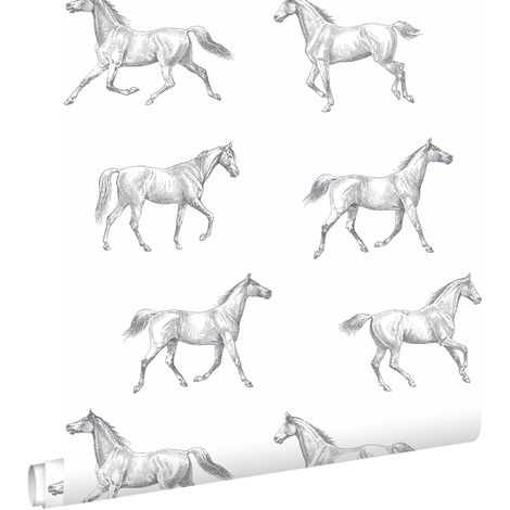 papier peint croquis de chevaux noir sur blanc - ESTAhome (1/5)