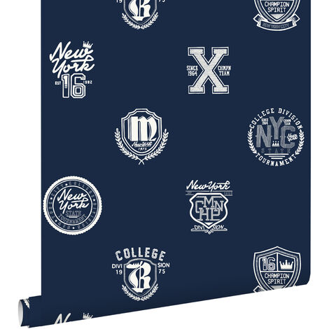 papier peint emblèmes scolaires bleu foncé  - ESTAhome (1/5)