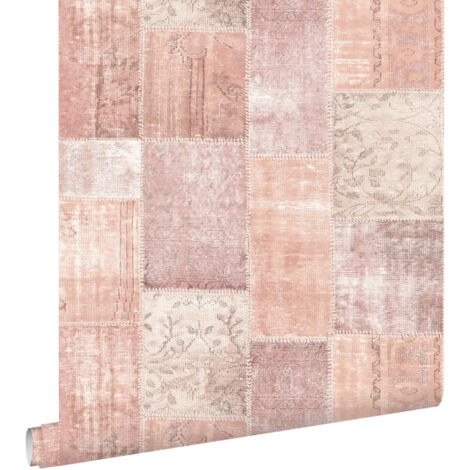 papier peint tapis patchwork kilim oriental rose orange pêche - ESTAhome (1/5)