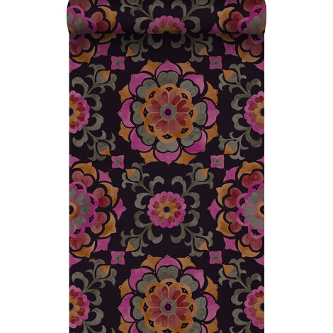 papier peint fleurs suzani noir, orange et rose - Origin Wallcoverings (1/5)