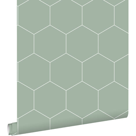 papier peint hexagone vert grisé et blanc  - ESTAhome (1/5)