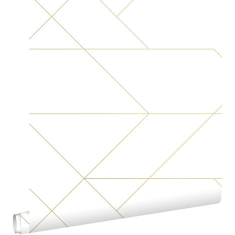 Papier peint à motif lignes graphiques blanc et or – Dimensions 53 cm x 10,05 m – Raccord sauté – Matériau intissé écologique – Estahome (1/5)