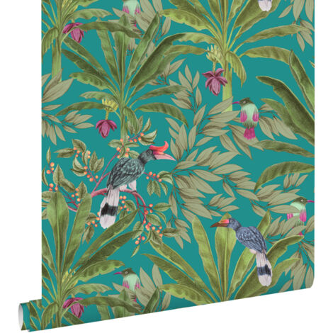 papier peint feuilles de la jungle tropicale et oiseaux de paradis bleu canard et vert jungle - ESTAhome (1/5)