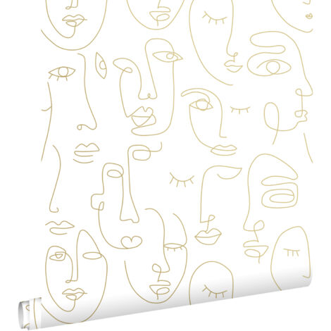 papier peint visages Line Art blanc et or brillant - ESTAhome (1/5)