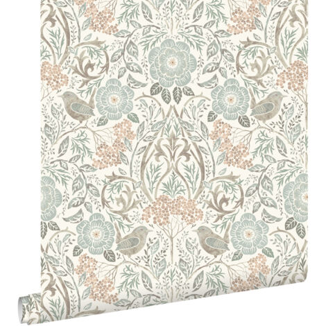 Papier peint intissé fleurs et oiseaux – Vert grisé, marron, rose pêche – Dimensions 53cm x 10,05m – Écologique, facile à poser – Estahome (1/5)